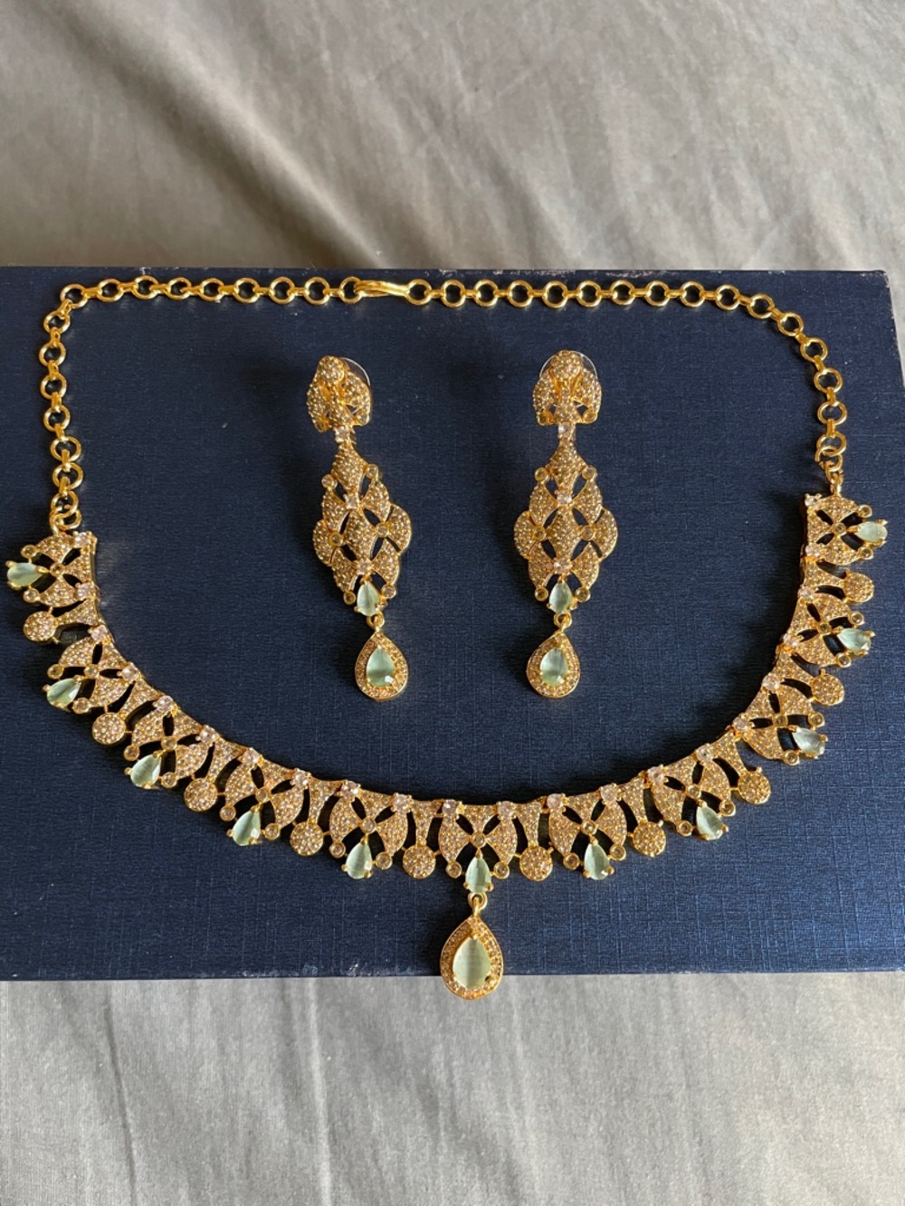 Gold-Tone Teardrop Necklace & Earring Set with Pale Green Stones